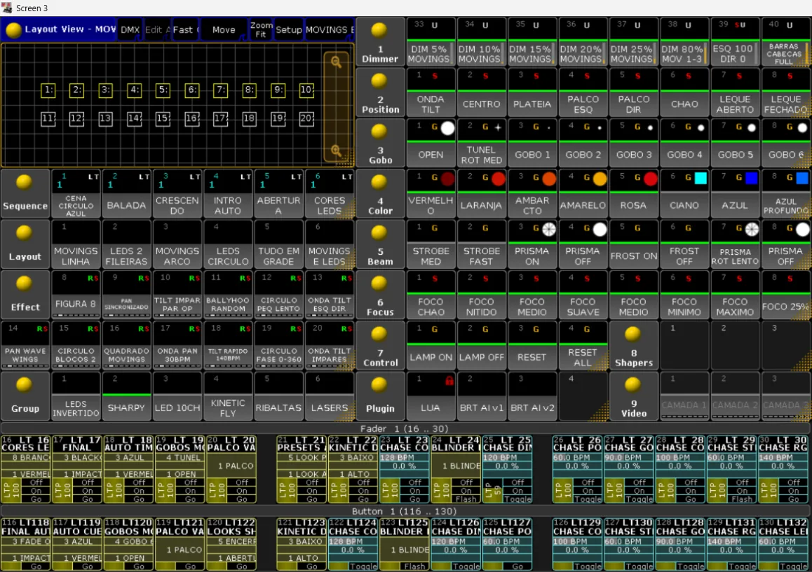 Presets, efeitos e macros criados nos pools da grandMA2